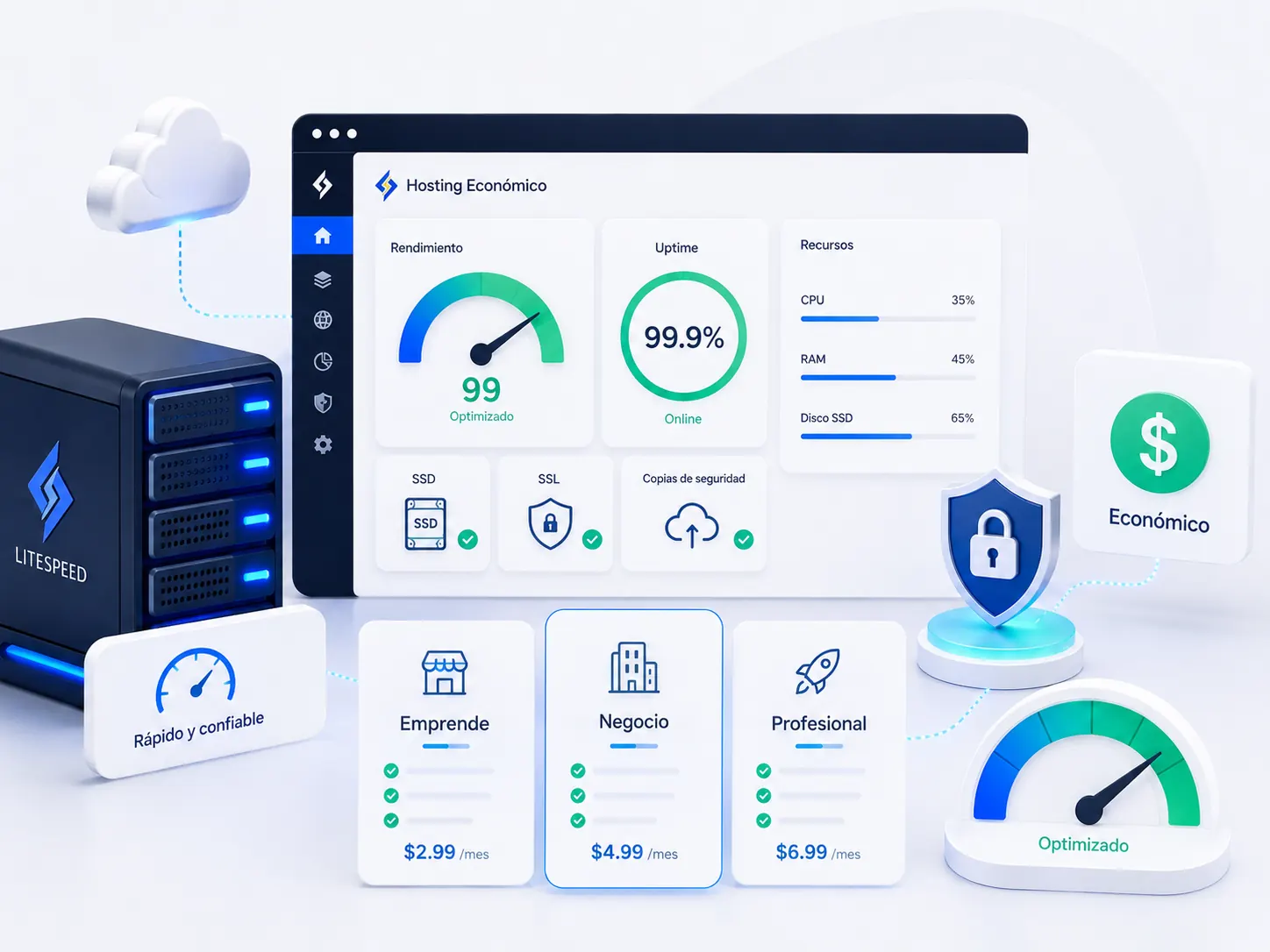 Hosting económico optimizado con SSD, SSL y alto uptime
